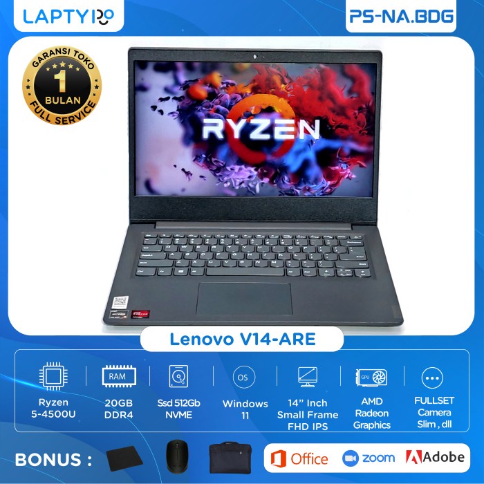 Laptop Lenovo V14-ARE Ryzen 5 Ram 20Gb Ssd 512Gb Layar FHD IPS Fullset