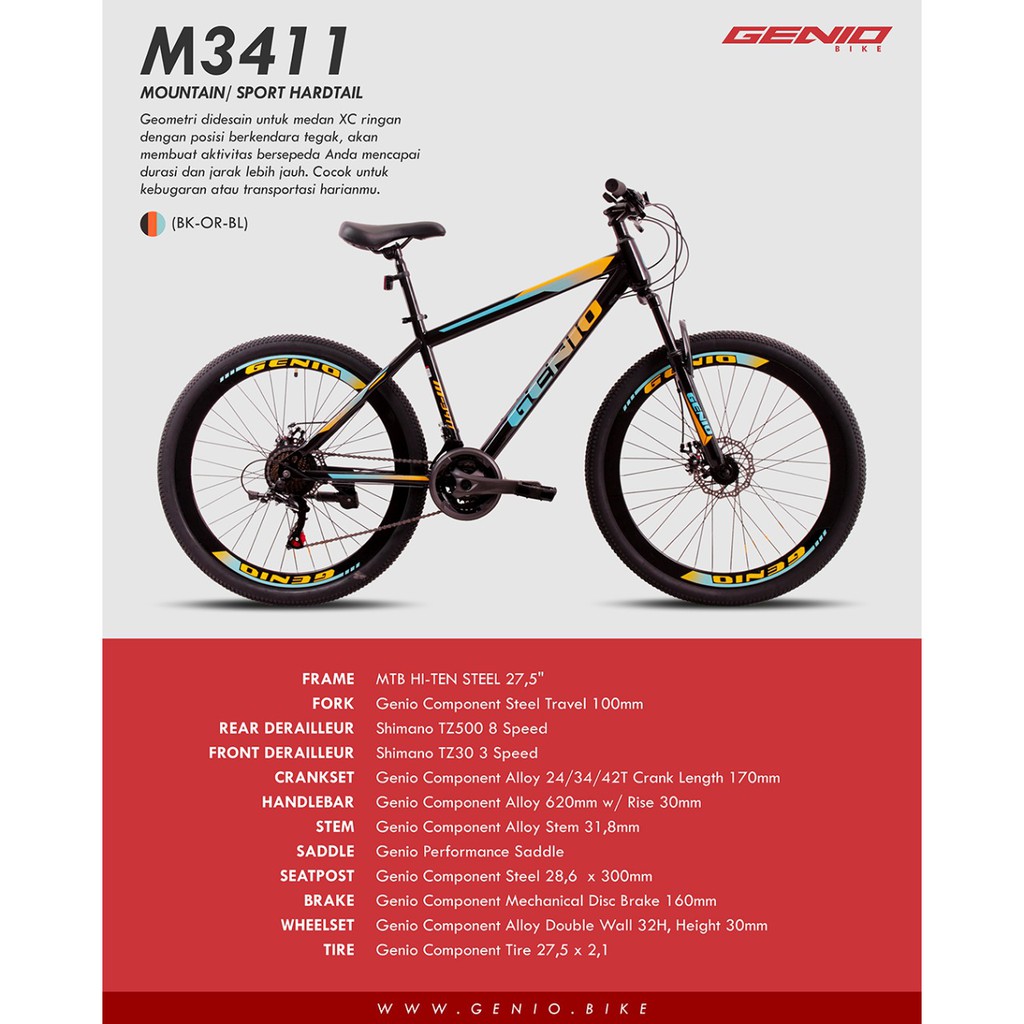 Sepeda Gunung MTB Genio M3411  27,5 inch 8Speed RD Shimano Garansi SNI-2