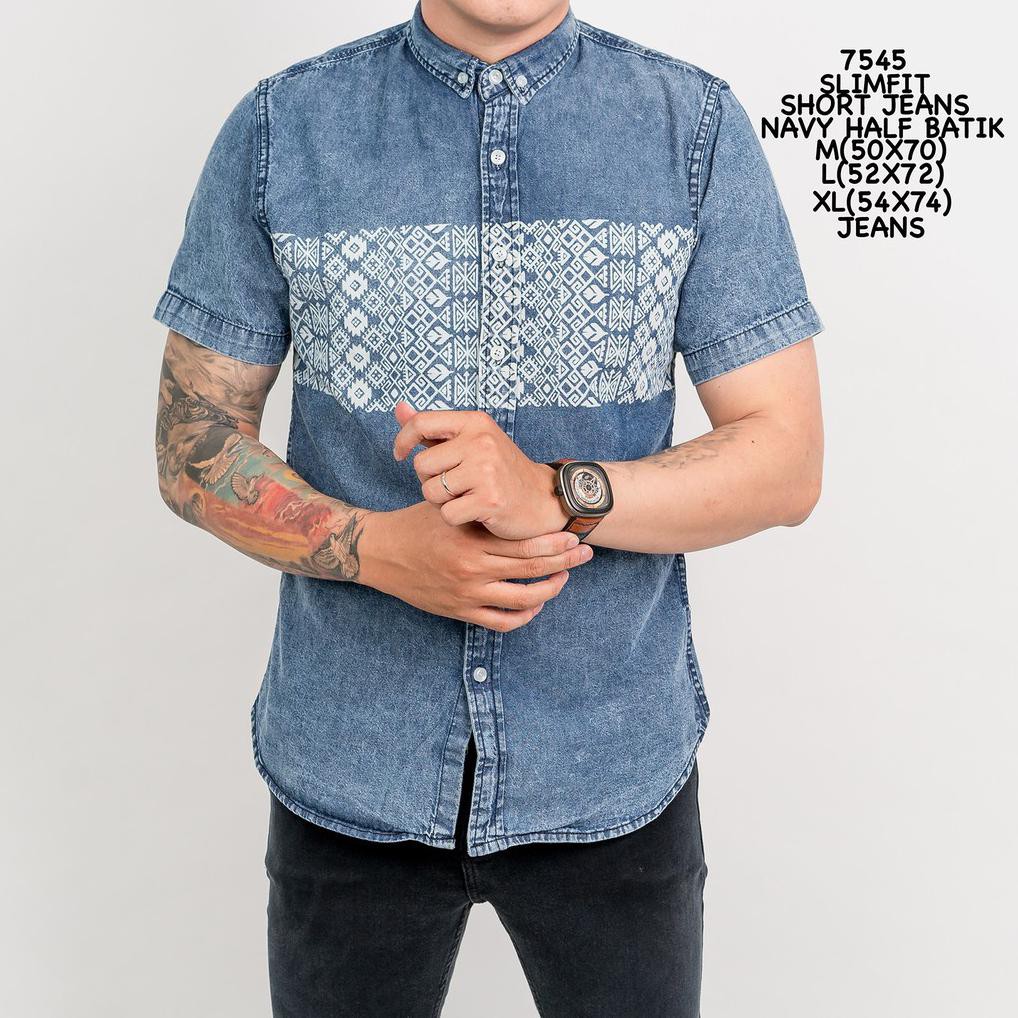 Credomenstore 7545 Kemeja Pria Jeans Denim Biru Navy Tribal Lte