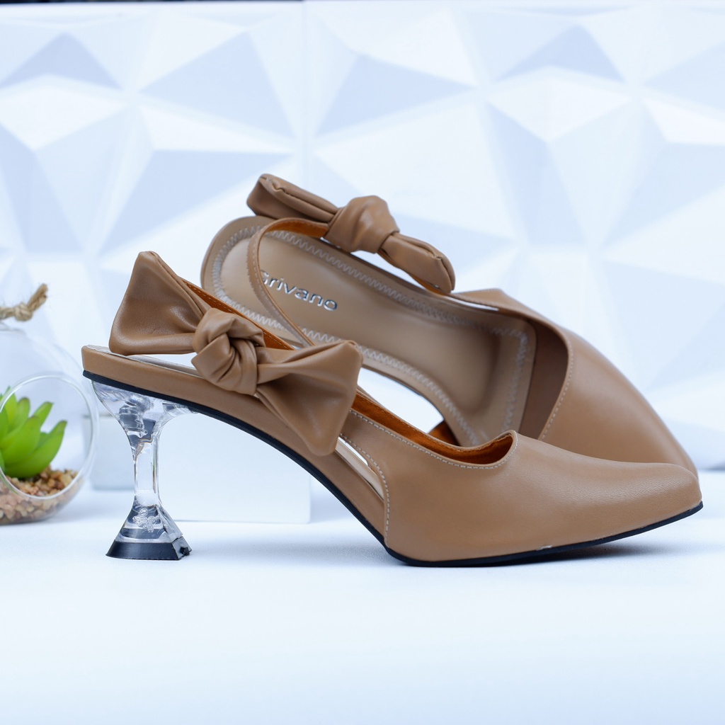 Sandal wanita heel kaca pantofel tali pita belakang GRIVANO KU12