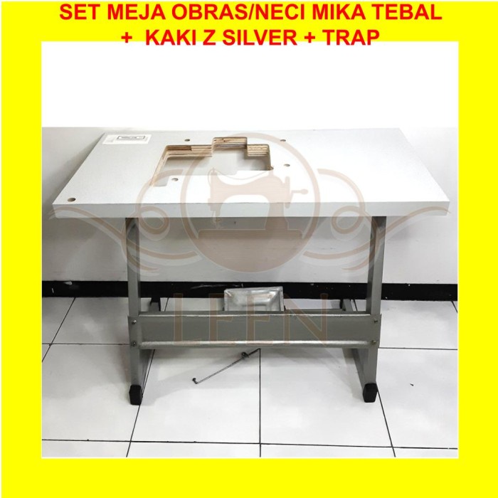 SET Meja MIKA PUTIH TEBAL + Kaki Z SILVER Mesin Jahit Obras Neci LEEN