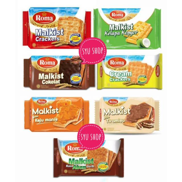 

Roma malkist cream crackers coklat cokelat abon tiramisu keju manis kelapa kopyor capucinno