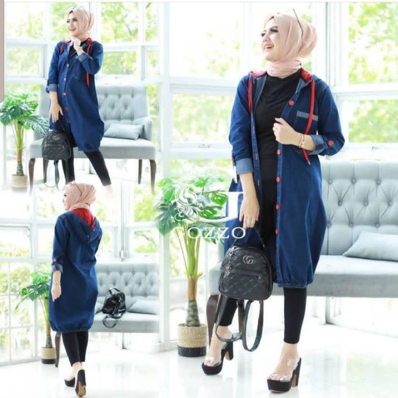 TUNIK KEKINIAN ATASAN WANITA MODEL HOODIE JEANS TERBARU