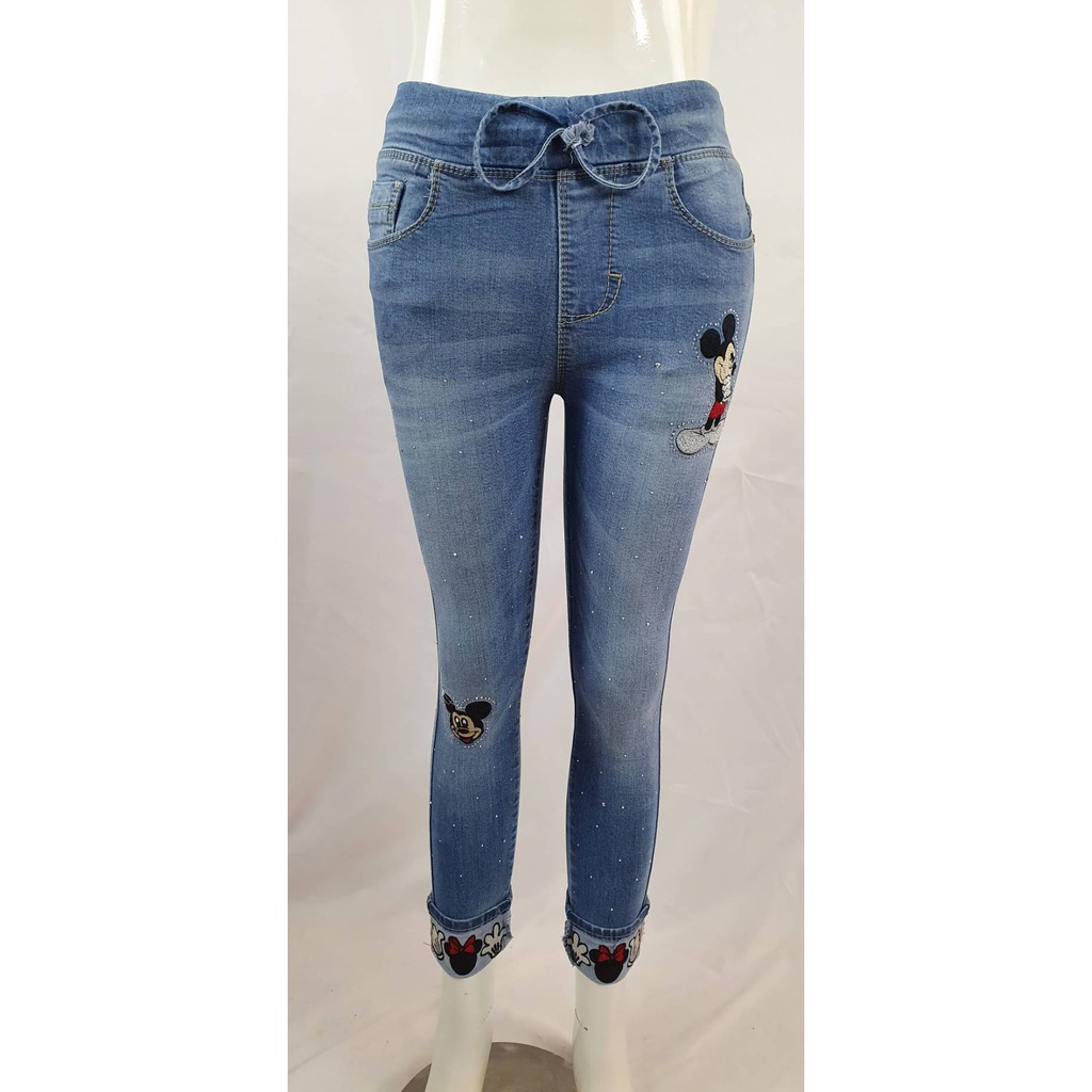 1081-1 CELANA JEANS WANITA JEGGING JEANS LEGGING MOTIF MICKEY MOUSE BIRU MUDA