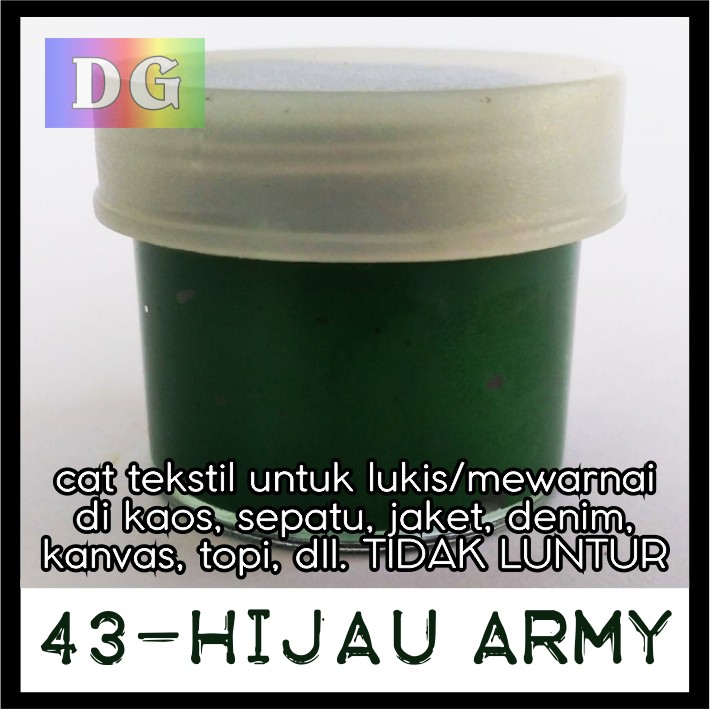 

Warna HIJAU ARMY - Cat Tekstil utk lukis mewarnai di kaos / tas / sepatu / jeans / jaket / topi / kanvas - langsung pakai ANTI LUNTUR