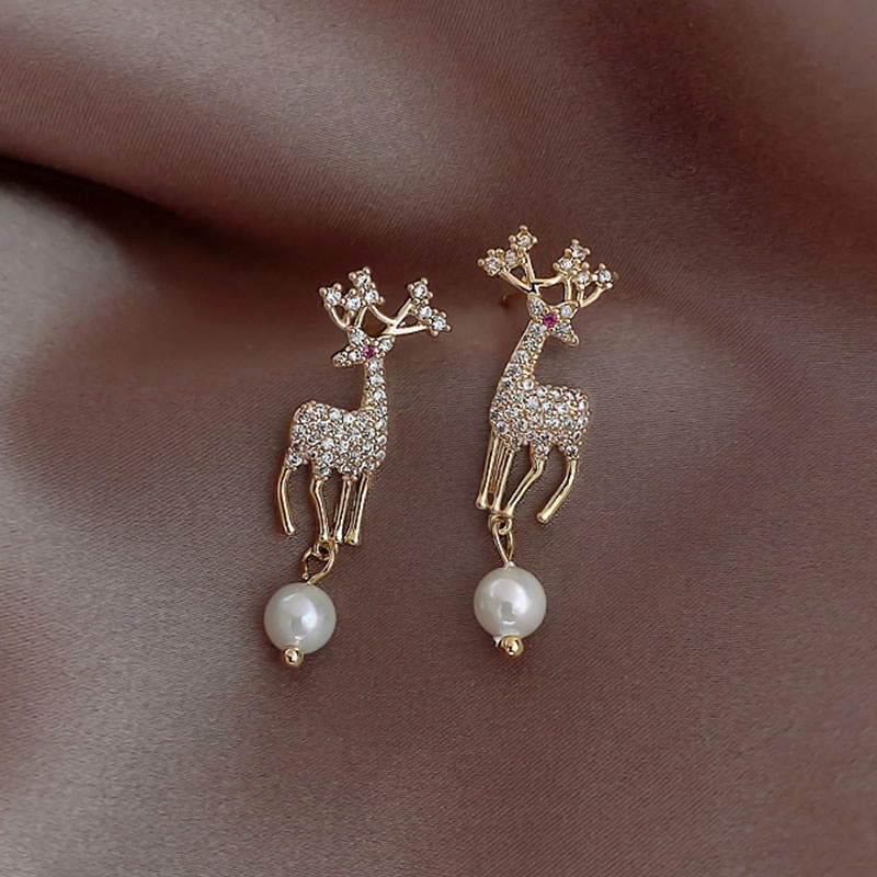 2pcs Anting Tusuk Asimetris Bahan Sterling silver 925 Desain Rusa + Hati + Mutiara + zircon Untuk Wanita