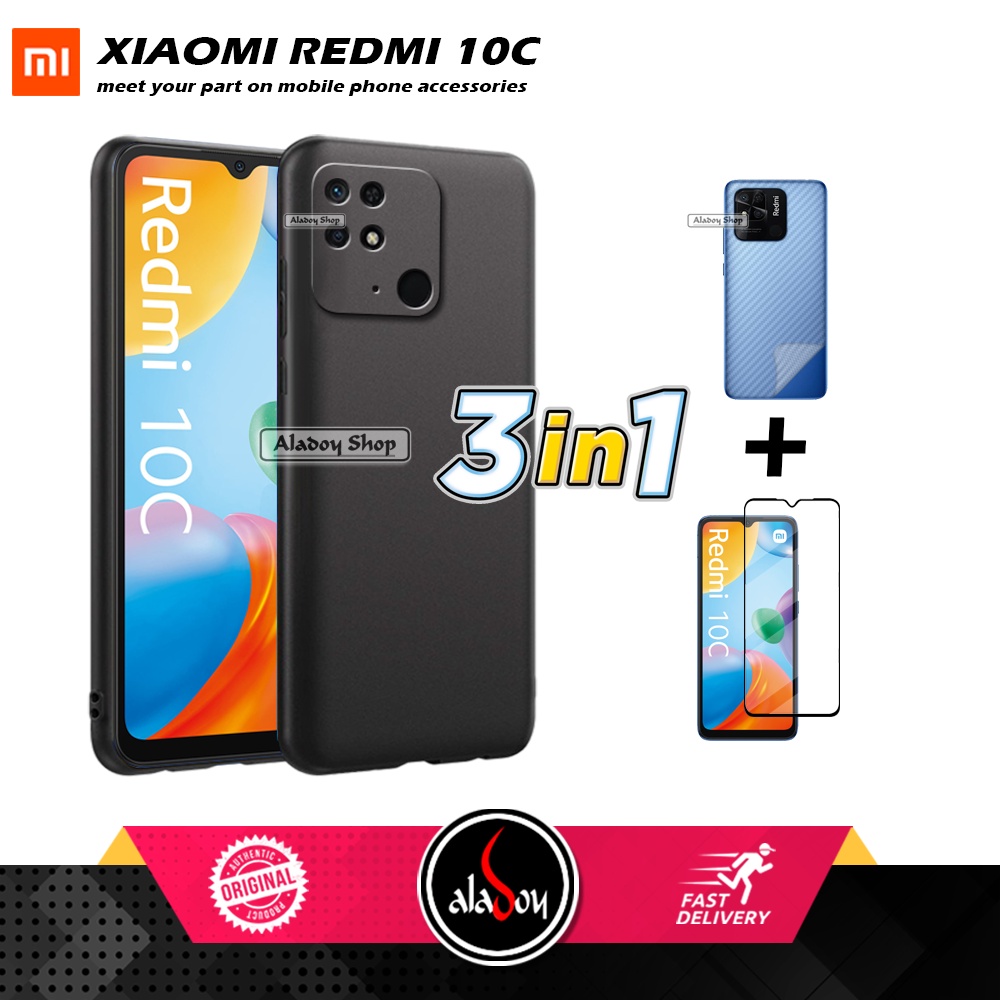 Case Black Matte Xiaomi Redmi 10C 2022 New Casing + Tempered Glass Full Cover + Skin Carbon 3D Film