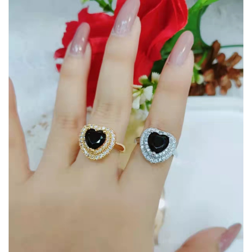 Cincin Love Pemata Hitam/Putih Lapis Emas Perhiasan