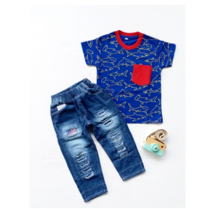 LittleAaron SET BRYAN FLAG EBV Setelan Kemeja Bayi Laki-laki Lengan Pendek celana jeans