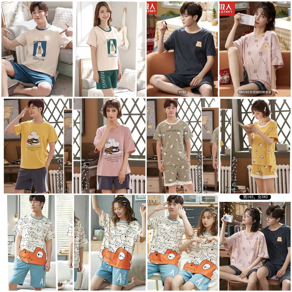 Baju tidur piyama couple bahan kaos import lengan pendek celana pendek