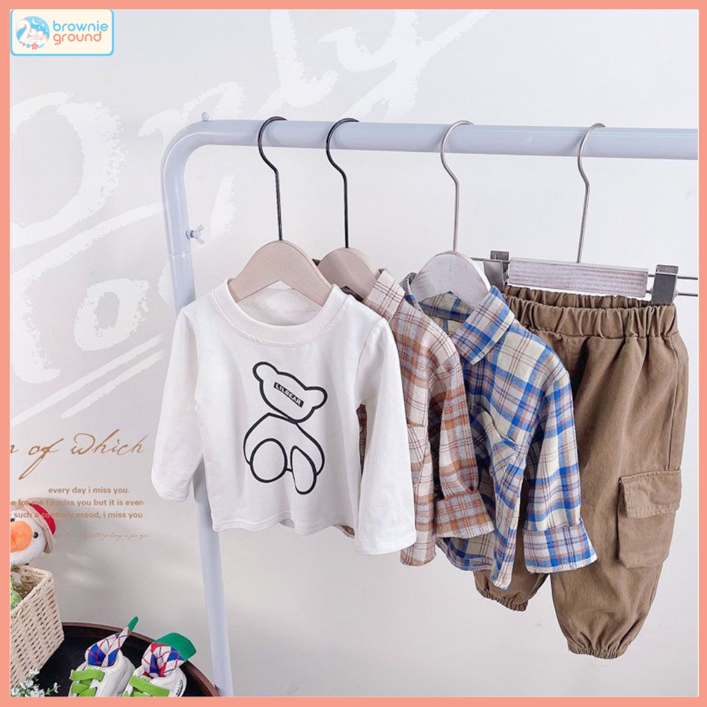 [COD] Setelan kemeja anak laki laki motif Bear 3in1 baby korean style 0-5 Tahun baju lucu anak  impor/ brownieground