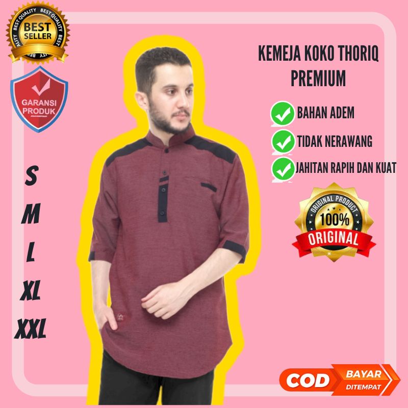 Baju Koko Kurta Thoriq Lengan Pendek Dewasa Pria Laki Ukuran Jumbo S/M/L/XL/XXL Bahan Oxford Denim Atasan Muslim Lebaran Koko Pakistan Modern Kemeja Tangan Kantong