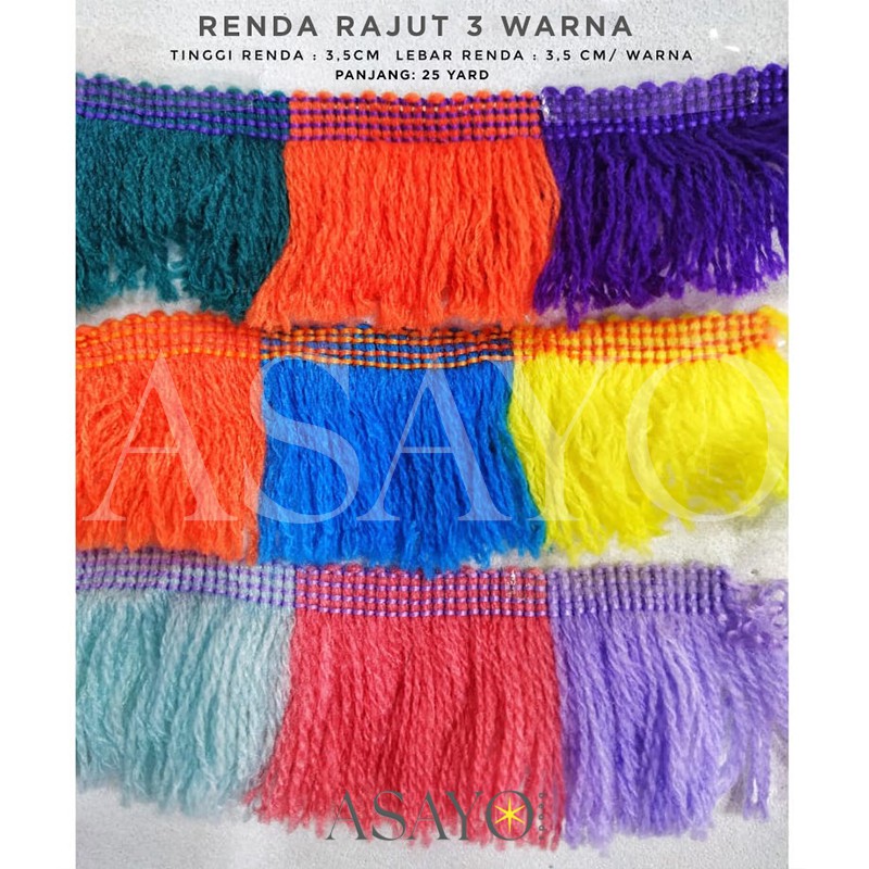 Renda Rajut Rumbai 3 Warna 25 yard - Oren Biru Hijau Kuning Ungu Ice Blue