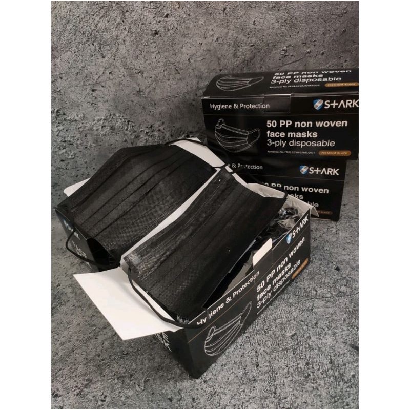 Stark MASKER 3 ply EARLOOP DAN HIJAB WARNA HITAM isi 50