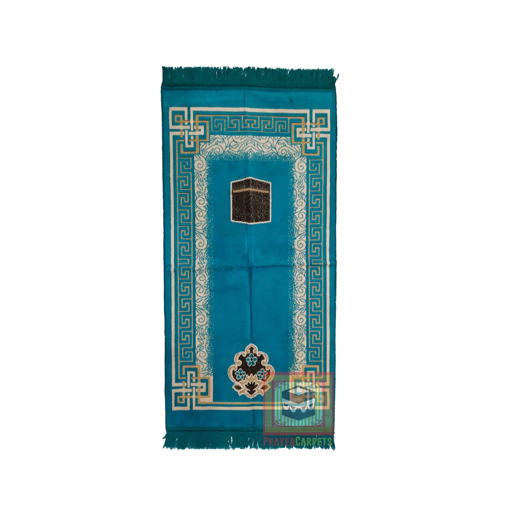 Sajadah Muslim Size 51x102cm Turquoise Desain Kakbah Dengan Glitter Emas Motif Pola Meandros
