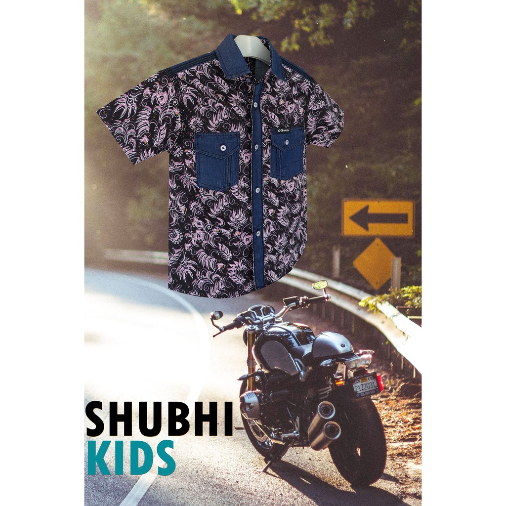 Shubhikids Kemeja Anak Laki-laki Model Batik Jeans Bunga Merah Lengan Pendek Usia 1-12 Tahun