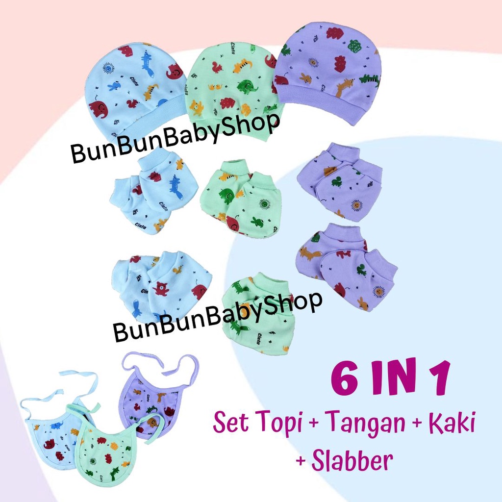 6 in 1 Set Sarung Tangan Bayi Topi Kaki Slabber Slaber Baby New Born Murah Kupluk Lucu Anak Perlengkapan Bayi Baru Lahir Newborn Unisex BunBunBabyShop