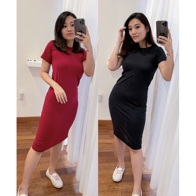 Vanesha Margaretta - Basic midi dress bodycon polos bahan kaos