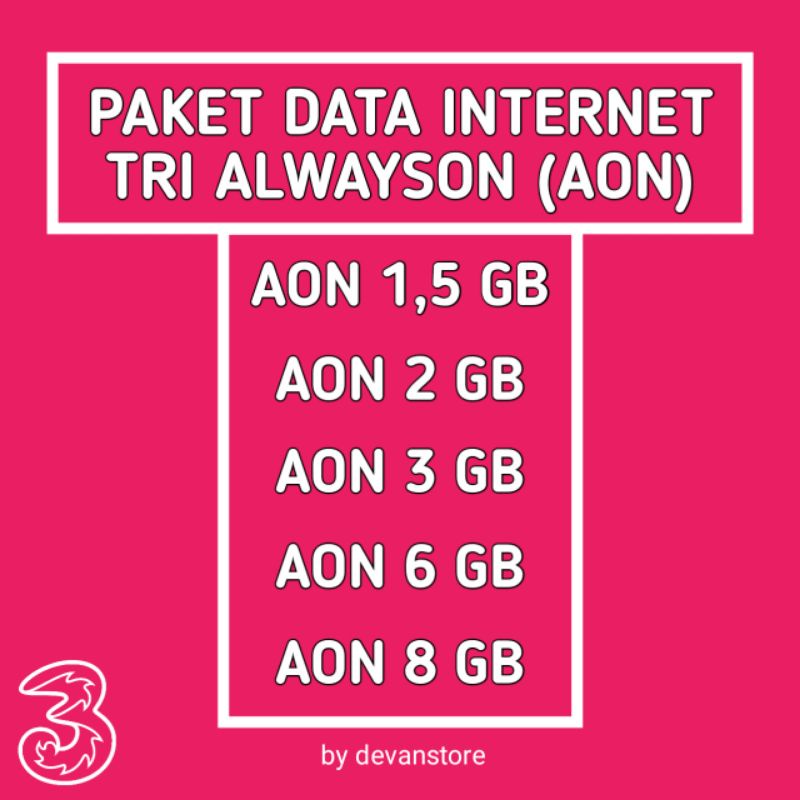 PAKET DATA TRI AON 1,5GB 2GB 3GB 6GB 8GB 16GB