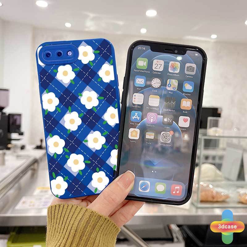 Casing OPPO A15 A54 A5S A3S A16 A95 A7 A5 A9 A31 A53 2020 A12 A1K A16K A54S Reno 4 5F 4F A74 A15S A52 A11K A92 A35 A11 A93 A32 A72 A94 A53S F17 PRO A16S A12S Klein Blue Plaid White Flower Anti-fall Case