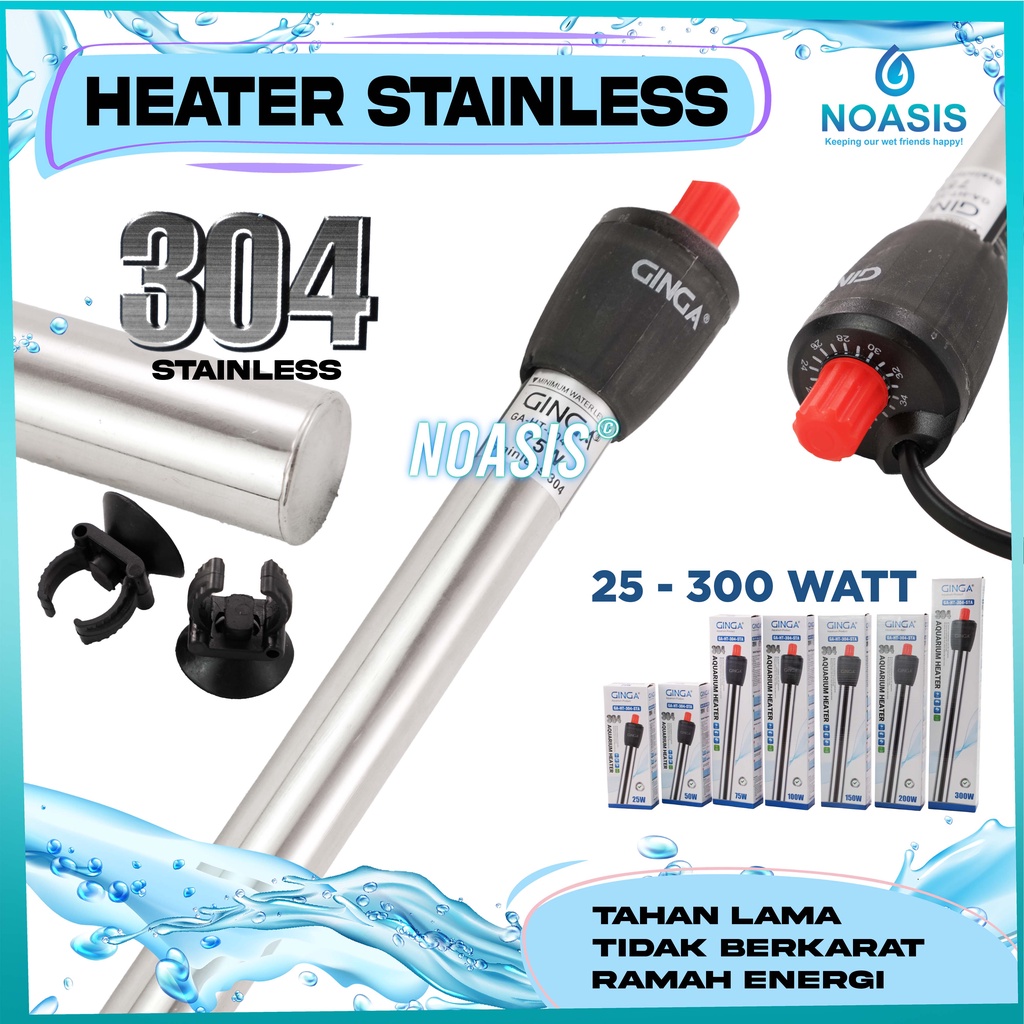 HEATER AQUARIUM GINGA STAINLESS 25 , 50 , 75 , 100 , 150 , 300 , 500 W WATT PENGHANGAT AIR AKUARIUM