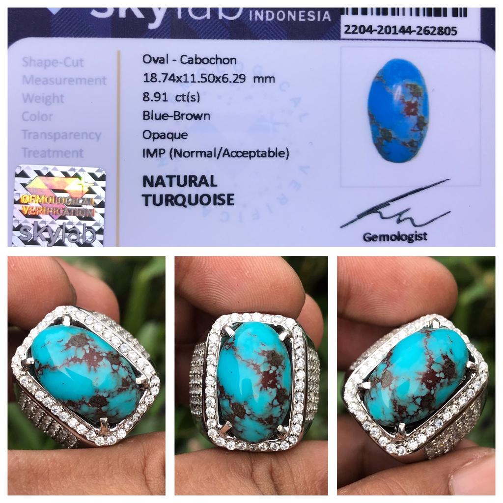 Natural 8.91ct Pirus Persia ASLI turquoise Cincin Perak