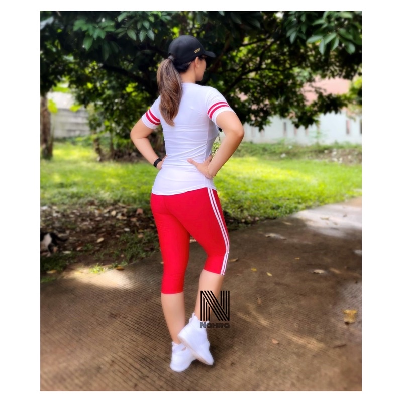 Setelan Baju Senam Olahraga Baseball Putih Merah  / Baju Senam Aerobik Fitness Zumba Cycling Running-5