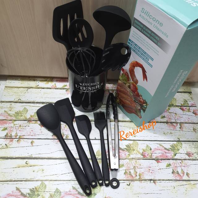 silicone cooking utensil set 10pcs with holder / spatula masak tanpa sambungan