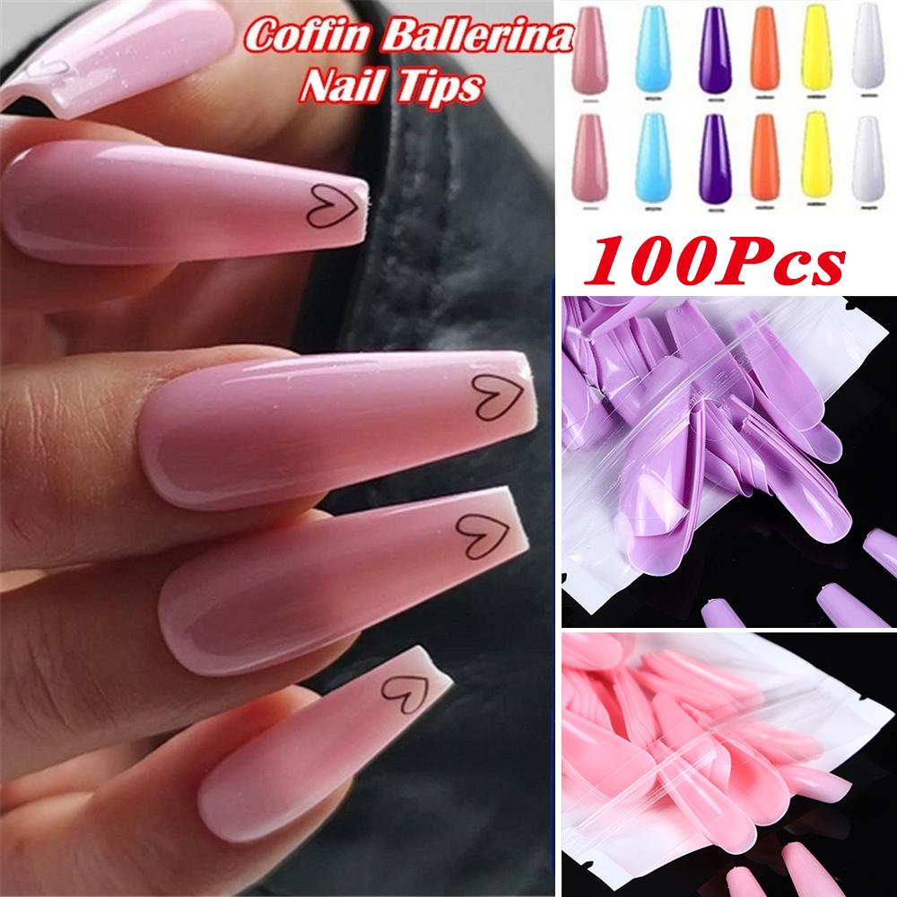 Mxbeauty Kuku Palsu 10ukuran Warna Permen Alami Ballerina Panjang Press On Full Cover Nail Extensions