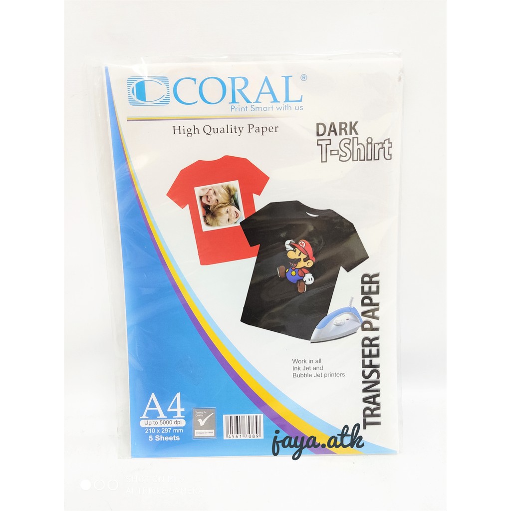 KERTAS FOTO TRANSFER PAPER DARK A4 CETAK FOTO KAOS BAJU TSHIRT WARNA PHOTO PAPER CORAL ISI 5 LEMBAR