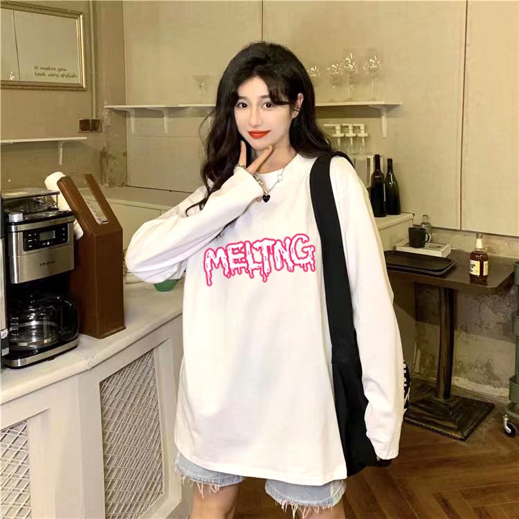 Kaos Lengan Panjang Wanita Crewneck Korean Style Cetak Grafis Sweatshirt