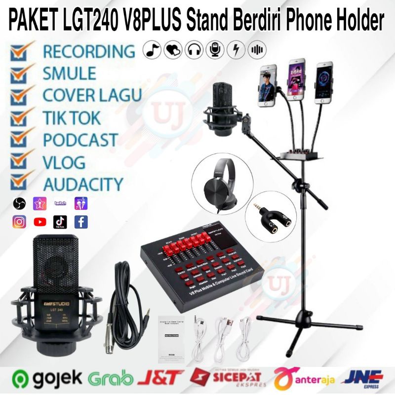 Microphone Condenser LGT240 Paket Recording Soundcard V8Plus Stand Berdiri 3xPhone Holder