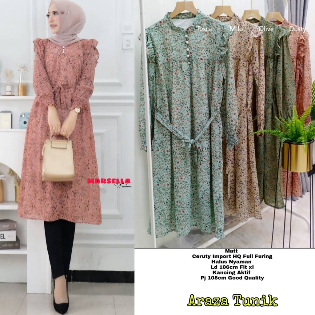 ARAZA TUNIK REMAJA HARIAN CANTIK MOTIF BUNGA CERUTY FULL FURING BY MARSELA FASHION
