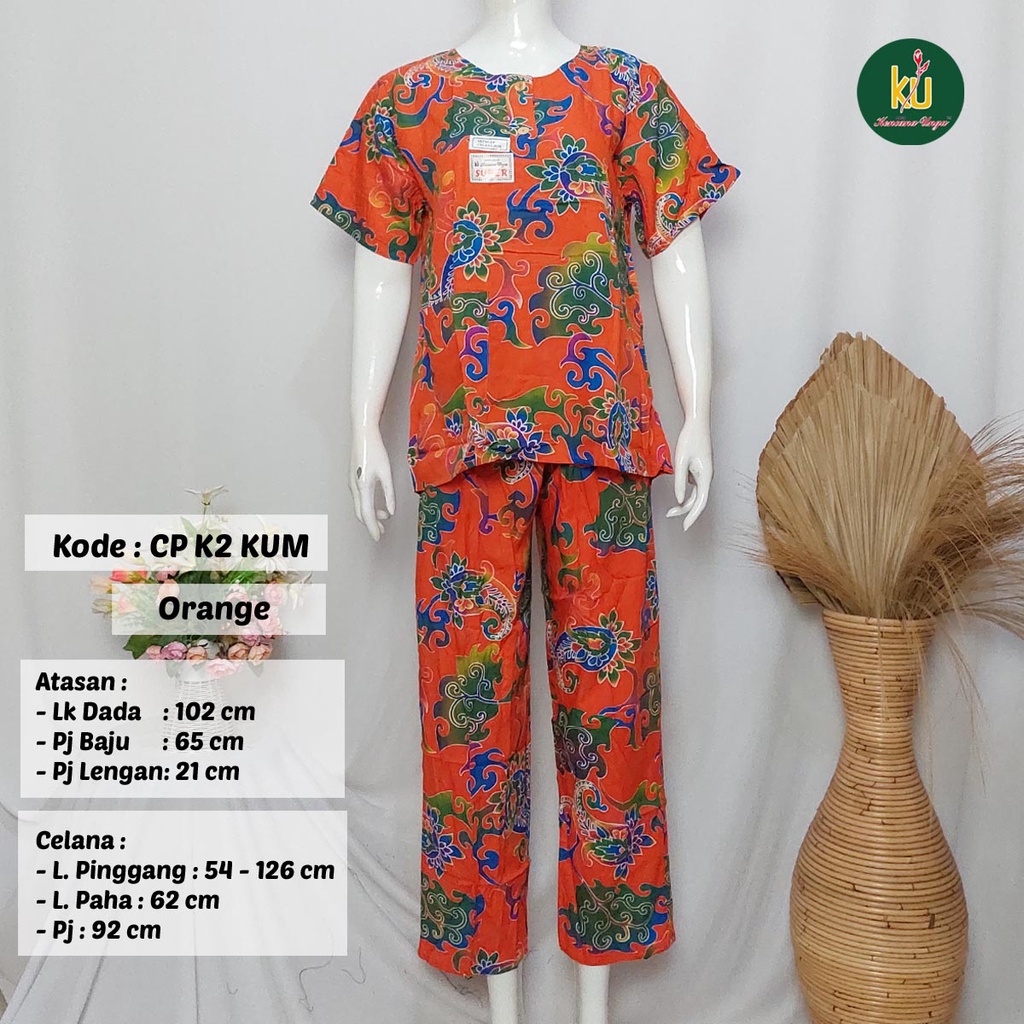 COD SETELAN BATIK KENCANA UNGU ASLI | Baju Santai Tidur Wanita Setelan Celana Panjang Piyama Motif-Orange A
