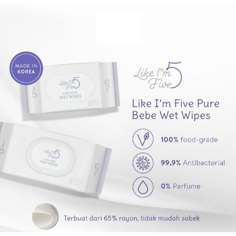 ♥BabyYank♥ [BUY 1 GET 1] Like I'm 5 Pure Bebe Baby Wet Wipes Tissue Basah Bayi 20 &amp; 70 sheets Food Grade Anti Bacterial Im Five