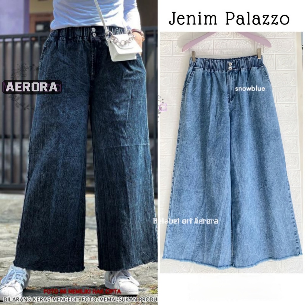 Jenim Celana Kulot Palazzo Jeans Jens Panjang Jins Rawis Jumbo Wanita Hight Waist Kancing Aktif Kekinian Pinggang Karet Lp 70-110 P 95 Allsize