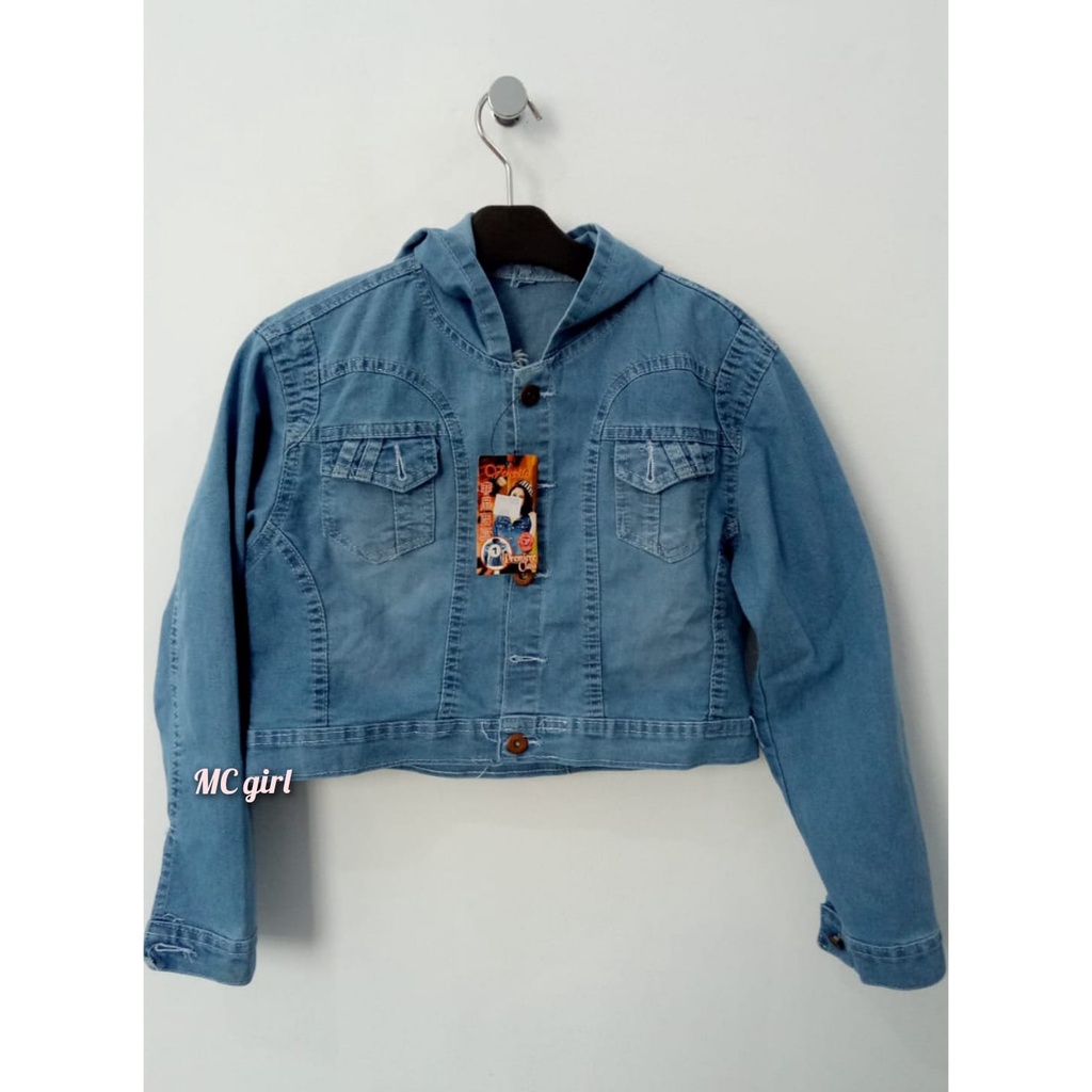 MC girl - Jaket Jeans Crop Gambar Belakang Wanita / Jaket Lepis Topi Gambar / Jacket Denim Hoodie