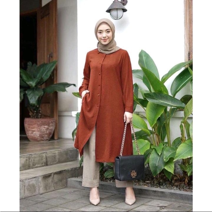 audia Tunik Basic Crinkle Airflow Long Tunik Polos Tunik Kancing Busui Terbaru 2023