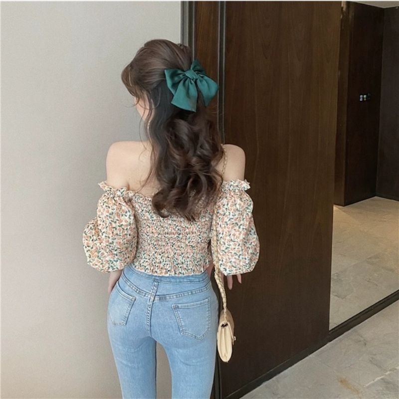 2411 Baju Blouse kemeja Atasan leher sabrina bunga lengan panjang import wanita Baju krop lengan bal