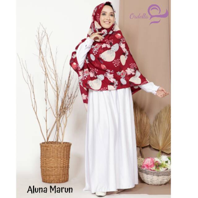 Jilbab Motif Syari Jumbo Ordella Hijab - Kerudung Syari Segi Empat MArun Motif Aluna 130cm 150cm