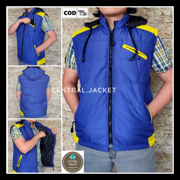 Rompi Parasut Pria Hoodie Waterproof - Jaket Rompi Motor High Quality - Biru Dongker, L