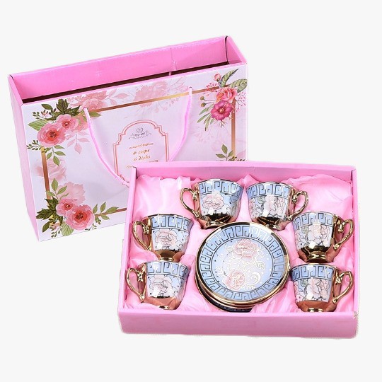 Harga Termurah - H892 (12 PCS) Cangkir & Piring Keramik European Style / Set Gelas Piring Kaca-Kotak Pink
