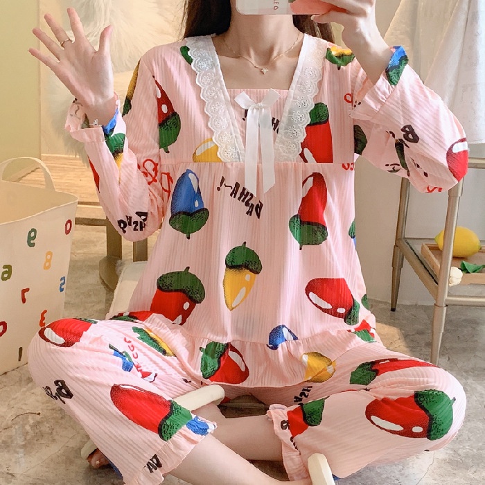 Baju Tidur / Piyama Import Wanita Motif Celana Panjang Lengan Pendek Stelan Sleepwear 3in1 Jumbo-RENDA-Chili Pink