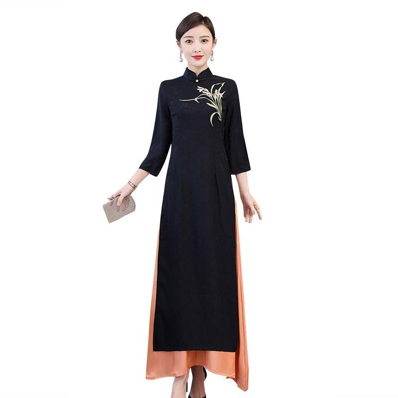 Audrey cheongsam 2022 new women's long style young long sleeved retro Chinese style improved dress a