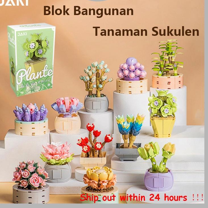 Stock Baru JAKI Mini Block Succulent Pot Tanaman Imitasi Buket Partikel Kecil Blok Bangunan Lucu Kreatif Ornamen Bangunan Mainan Hadiah