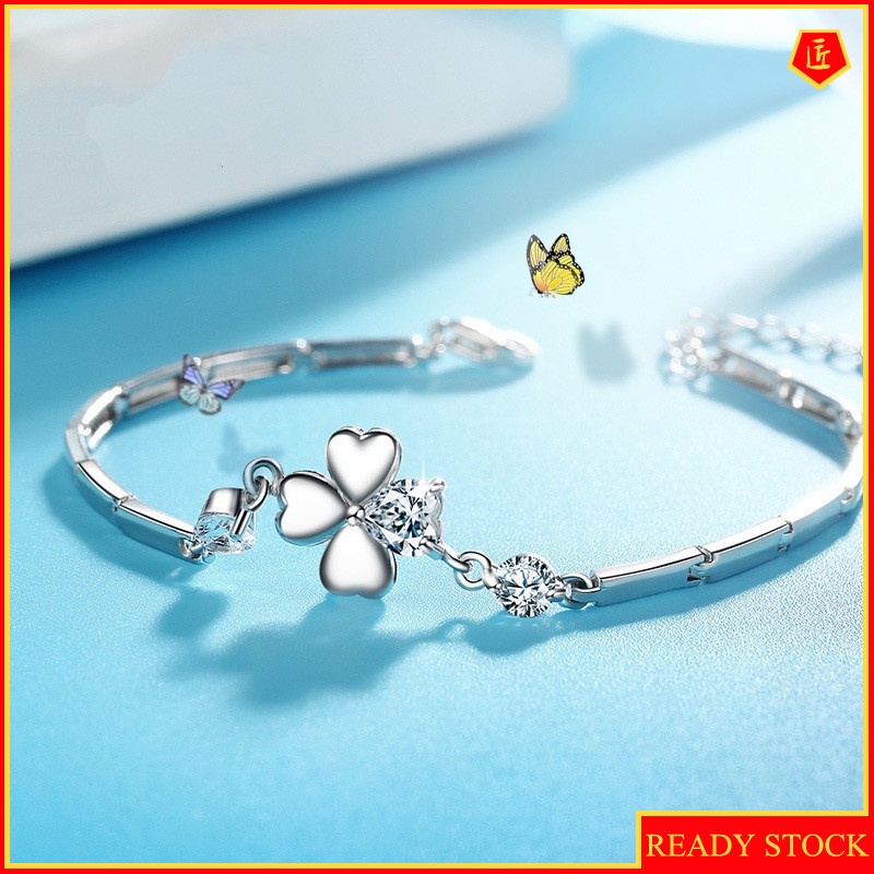 [Ready Stock]Fashion Diamond Four-Leaf Clover Silver Bracelet