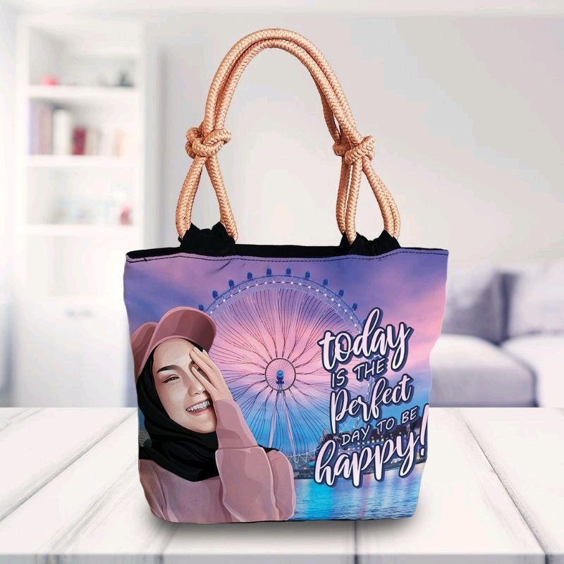 Totebag tali sumbu tas hijab bermotif karakter