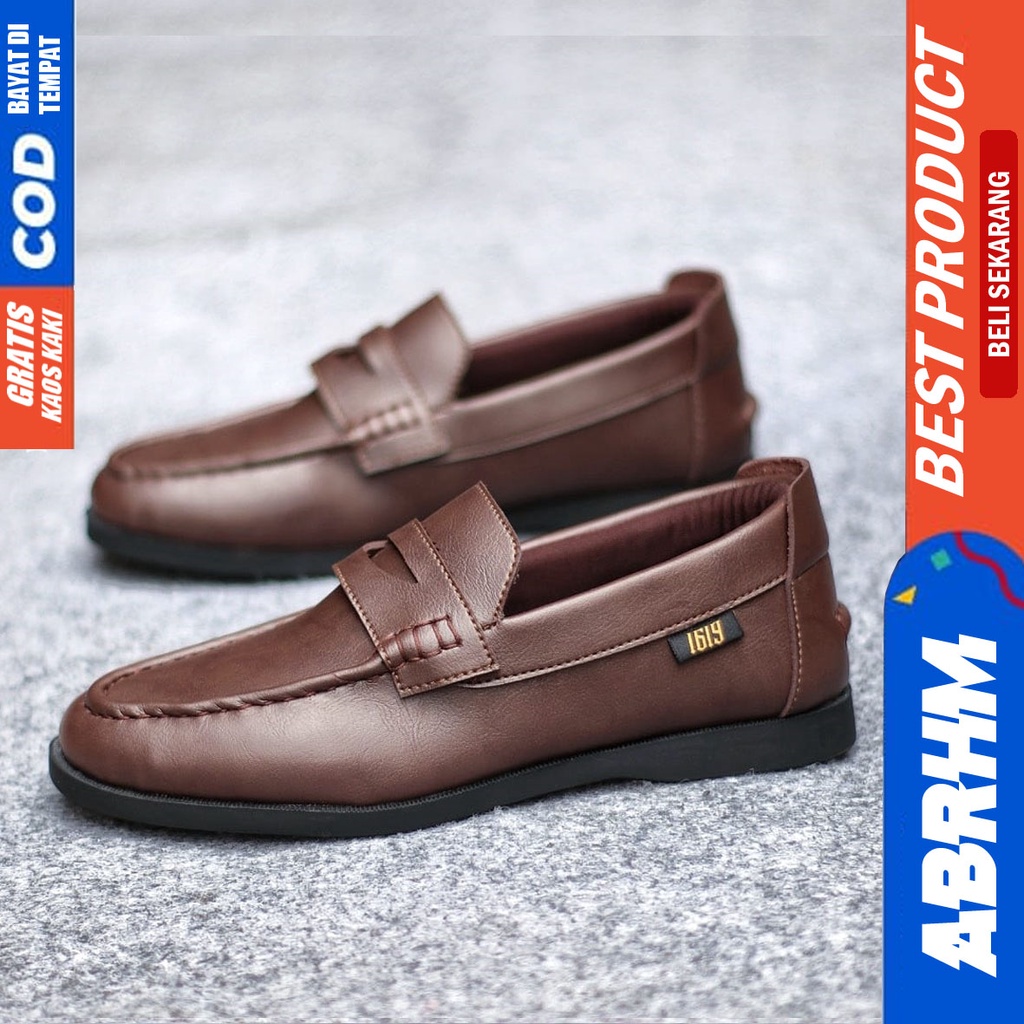 Sepatu Casual Pria Formal Slip On Pantofel Kulit Pu Kerja Kantor Kondangan Kuliah Hitam Fashion Shoes Terbaru Murah Kekinian Original PENNY ABRHM