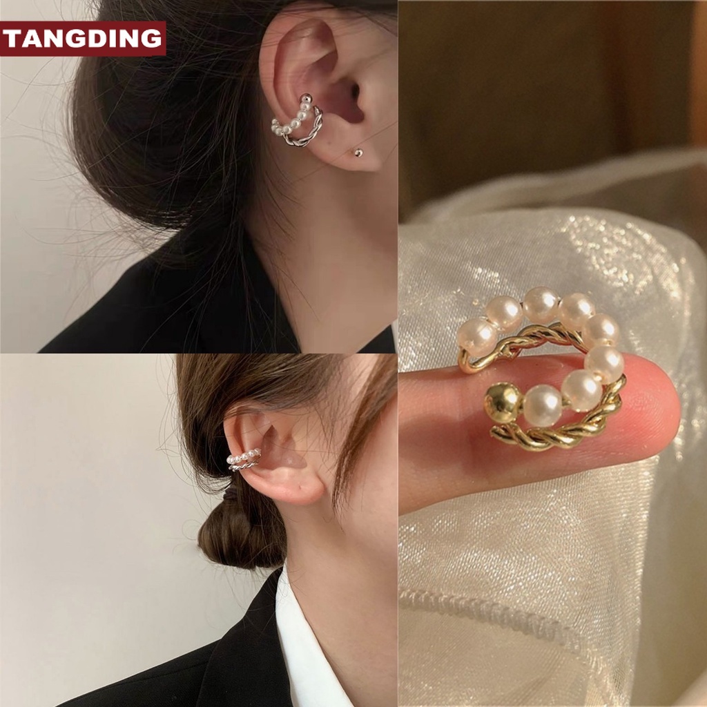 【COD Tangding】1 Pc Anting Klip Tanpa Lubang Telinga Model Lapis Ganda Aksen Mutiara Untuk Wanita