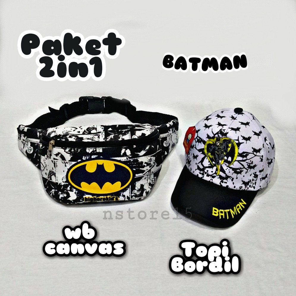 Waist bag anak laki laki, Wesbag Anak Laki Laki Motif Superhero Batman dan Topi Anak Laki Laki 2in1